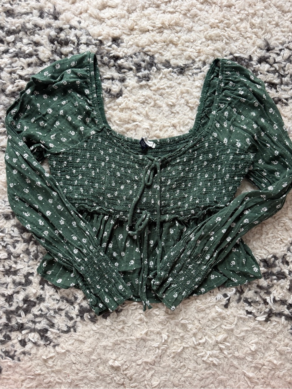 American Eagle Outfitters Forest Green Floral Smocked Long Sleeve Top